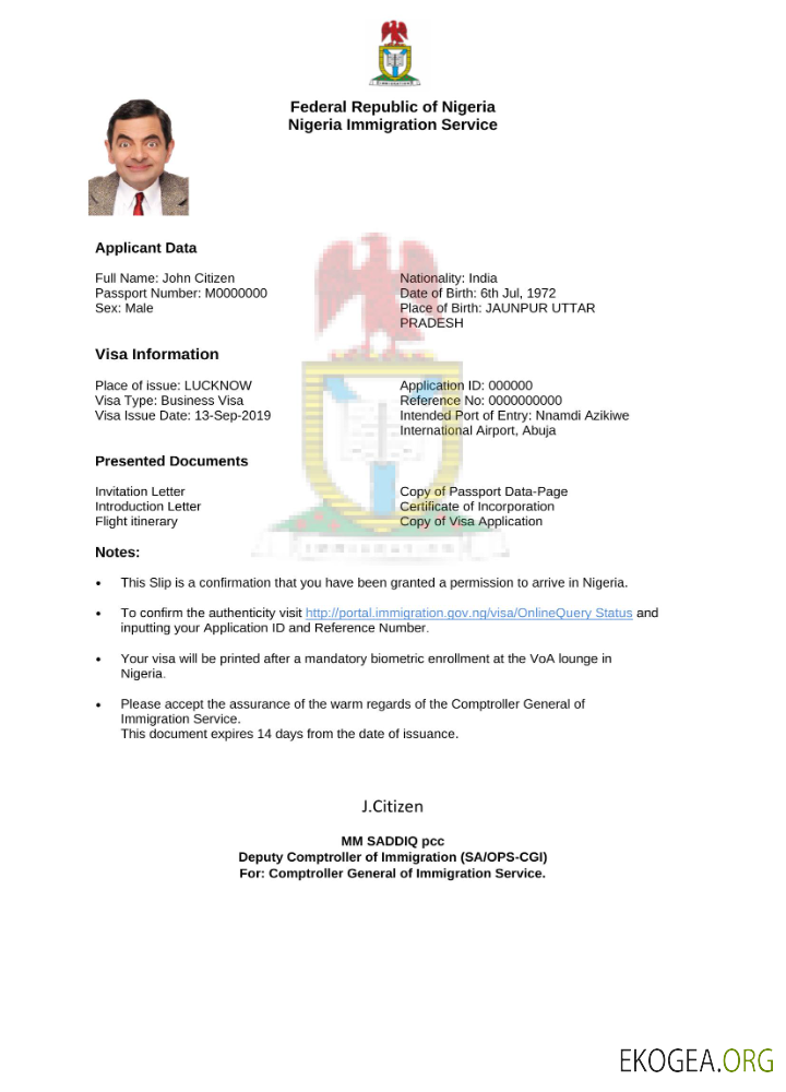 Visa électronique pour le Nigeria en modèle Word et PDF